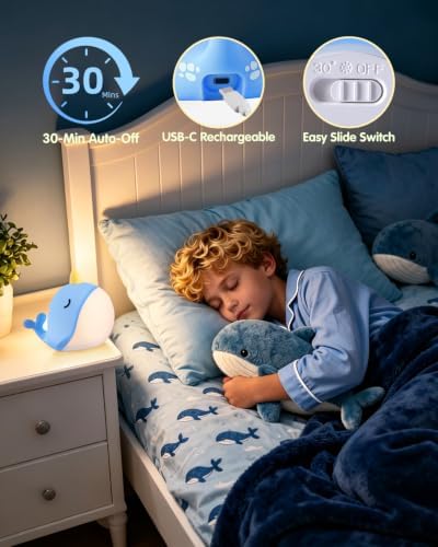 Fuloon Narwhal Night Light, 3-Level Dimming Silicone Touch Lamp with Rechargeable Battery & Timer, Cute Squishy Unicorn Whale Desk Decor, Funny White Elephant Gift for Adults Teens Kids (Blue)