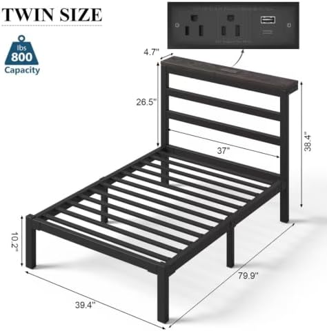 Twin Bed Frame with Charging Station and LED Lights Headboard, Black