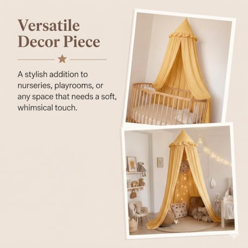Bed Canopy for Girls, Princess Crib Canopy for Nursery, Dreamy Soft Hanging Canopy for Toddler Bed, Twin & Full Size, Kids Bed Canopy for Girls Room Decor & Reading Nook, Golden Yellow