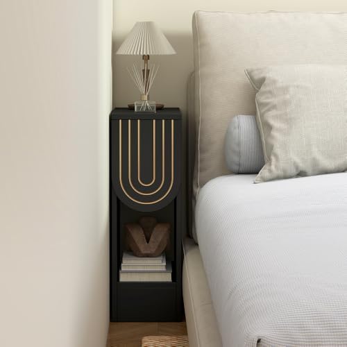 weselon Narrow Nightstand, Slim Bedside Table with Carving Lines Drawer, Mid-Century Modern Small Side End Table for Bedroom Small Space, Wooden Night Stand (1, Black)