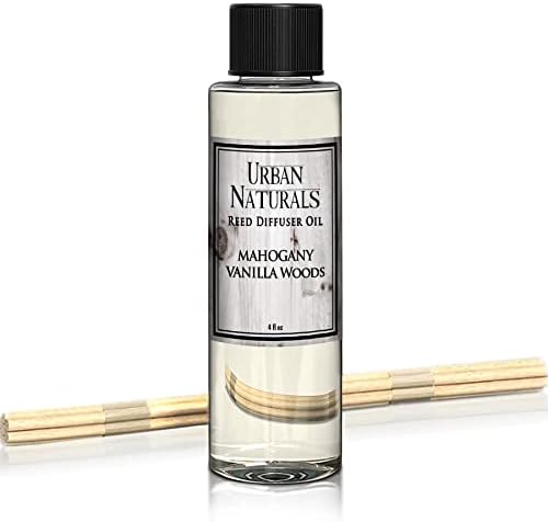 Urban Naturals Mahogany Vanilla Woods Scented Oil Reed Diffuser Refill with Free Set of Reed Sticks. Fresh Mahogany, Smoked Vanilla and Clean Lavender Scent Notes for a Clean Smelling Home, 4 oz