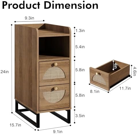 Narrow Nightstand for Small Spaces - 9.3" Slim Side Table with Rattan-Weave Drawers, Skinny Bedside Table with Open Shelf, Rustic Tall Thin Gap Filler for Bedroom & Sofa Side, Caramel Oak