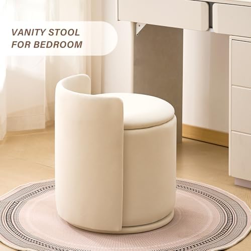 360° Swivel Makeup Chair with Storage, Upholstered Accent Stool with Back, Round Vanity Stool Ottoman for Living Room, Makeup Room, Bedroom (Cream)