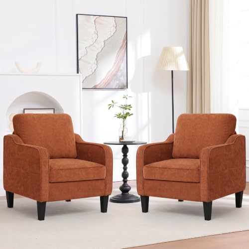 Accent Chairs Set of 2, Upholstered Living Room Chairs with Side Pockets, Mid Century Modern Reading Chair for Bedroom, Comfy Armchair Single Sofa Side Chair for Office, Small Room, Orange