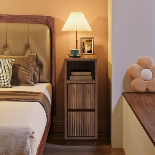 CHOEZON 8.7" Narrow Fluted Nightstand, Small Bedside Table with Drawers, Skinny Side Table, Modern Nightstand with 1 Semi-Open Shelf, Floating End Table, for Living Room, Bedroom, Walnut MBZ12HT