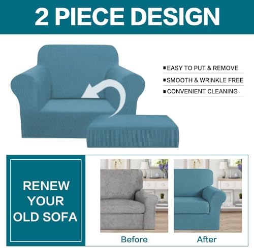 Turquoize 2 Piece Chair Covers Chair Slipcovers for Living Room Small Armchair Chair Cover with Arms Washable Furniture Cover for Chairs Feature Thick Jacquard Fabric (Small Armchair, Storm Blue)