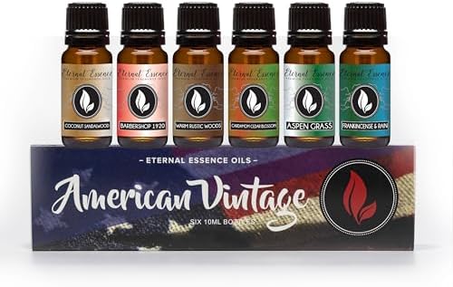 Eternal Essence Oils American Vintage Set of 6 Premium Fragrance Oils - Sandalwood Vanilla, Frankincense & Rain, Cardamom Cedar Blossom, Aspen Grass, Warm Rustic Woods, and Barbershop 1920-10ML
