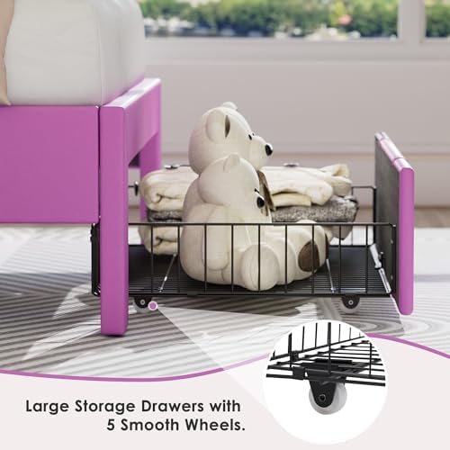 VECELO Twin Size Bed Frame with Storage Drawers, Leather Upholstered with Diamond Tufted Headboard, Solid Wood Slat Support, No Box Spring Needed, PU & Purple