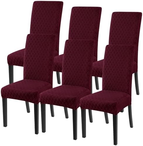 SearchI Dining Room Chair Covers Set of 6, Stretch Jacquard Parsons Chair Slipcovers Super Fit Removable Washable Kitchen Chair Protector Cover for Dining Room, Hotel, Ceremony (Wine Red)