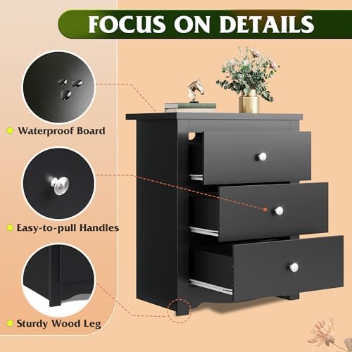 WLIVE Tall Nightstand with Charging Station, Wood Bedside Table, Black
