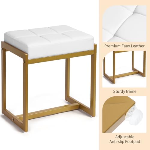 Vanity Stool, Vanity Chair Stools for Makeup Room, Faux Leather Small Makeup Bench, Modern Gold Metal Legs Ottoman Foot Rest for Bedroom Living Room, White & Gold
