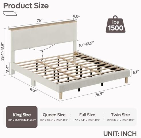 Bestier King Bed Frame with Storage Headboard & LED, Upholstered, Beige