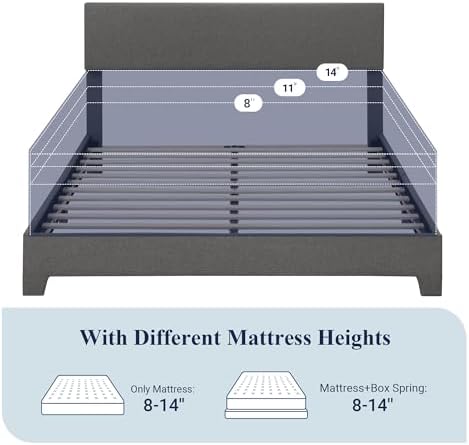 Allewie Queen Size Upholstered Bed Frame Adjustable Headboard, Dark Grey
