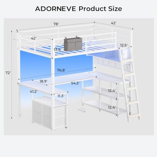 ADORNEVE Gaming Loft Bed Twin Size with U-Shaped Desk & RGB Cabinet, White