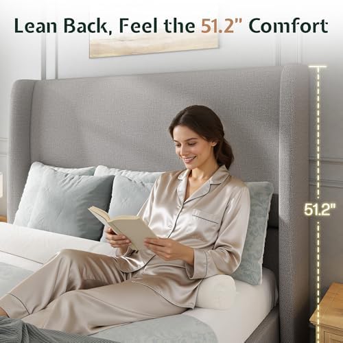 Jocisland Queen Bed Frame Tall Wingback Headboard Upholstered, Light Grey