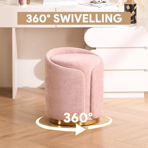 Swivel Vanity Stool with Back Comfy Vanity Chair with Gold Base Modern Round Stool for Makeup Vanity Ottoman Foot Rest for Bedroom livingroom (Pink)