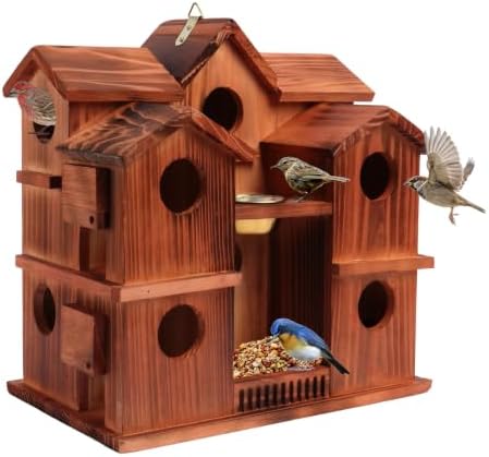 10-Room Bird House for Outside, Carbonized Wood Birdhouses for Outdoor