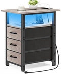 Vagusicc Nightstand with Charging Station and LED Lights, Narrow End Table, LED Night Stand with 3 Fabric Drawers for Bedroom, Small Side Table for Small Spaces, Greige