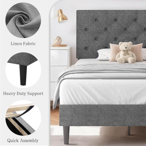 HOMBCK Twin Size Bed Frame with Adjustable Headboard, Light Grey