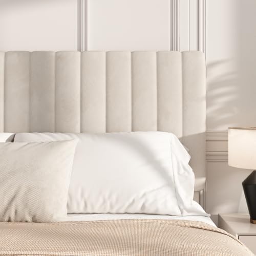 King Velvet Bed Frame with Vertical Channel Tufted Headboard Beige