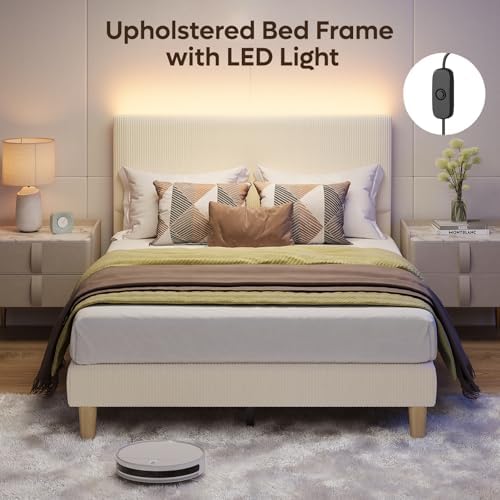 Bestier Full Size Bed Frame with Headboard,LED Light,Upholstered,Beige