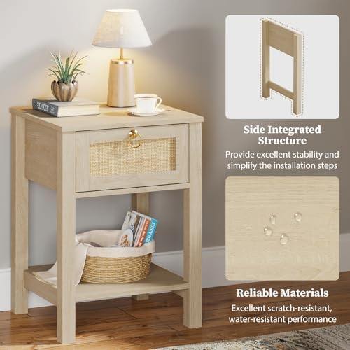 Eclatara Rattan Nightstand Set of 2: Sturdy Night Stand with Rattan Decor Drawer, Farmhouse Nightstand Bedside Table Boho End Tables Side Tables for Bedroom (Natural Light Oak,2 Pieces)