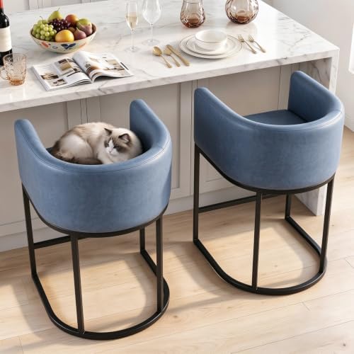 26" H Counter Height Bar Stools, Modern Barrel Counter Stools with Backrest and Arms, Faux Leather Upholstered Accent Barstools for Kitchen Island,Support 450 LBS (Blue)