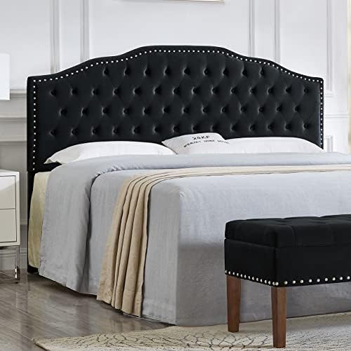 24KF Upholstered Button Tufted King Size Headboard with Nailhead Trim, Soft Velvet Fabric Headboard King/Cal King Size-Black