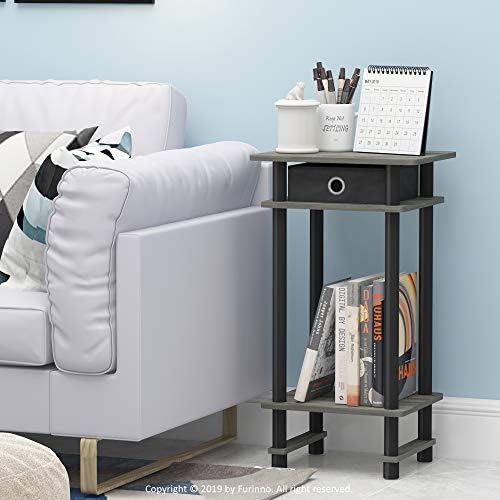 Furinno Turn-N-Tube Toolless 3-Tier Side Table with Storage Bin, Grey Oak