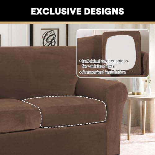 PrinceDeco Velvet XL Couch Cover for Oversized Sofa 4 Piece Sofa Covers for 3 Cushion Couch Washable Furniture Protector with Non Slip Elastic Bottom Width Up to 97 Inch(X-Large, Caramel)