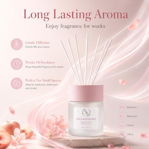 Reed Diffuser Set, 3.38 fl oz (100 ml) - White Peach & Oolong Oil Diffusers with Reed Sticks, Home Fragrance Reed Diffuser for Bathroom Shelf Decor