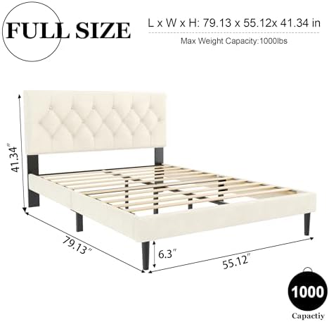 HAOARA Full Size Platform Bed Frame with Upholstered Button Tufted Headboard, Mattress Foundation with Wooden Slat Support, Noise Free, No Box Spring Needed, Easy Assembly, Beige Velvet