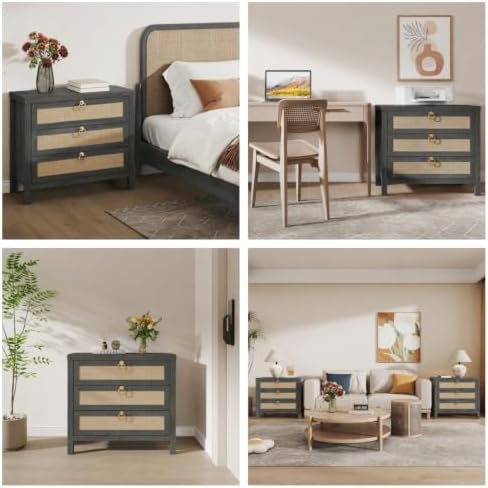 Eclatara Large Rattan Night Stand Set of 2 Boho Nightstand with 3 Drawers