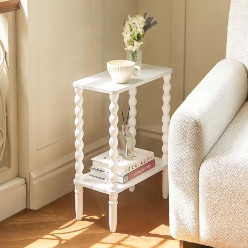 Fultyle White Narrow Side Table, Small End Table with Shelf, Bedside Table