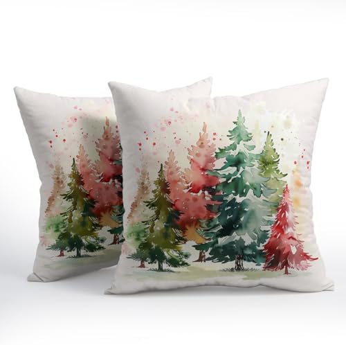 Christmas Tree Outdoor Throw Pillow Cover 20x20 Inch Set of 2 Winter Colorful Pine Tree Cushion Covers Xmas Holiday Theme Accent Pillowcase for Home Bedroom Sofa Patio