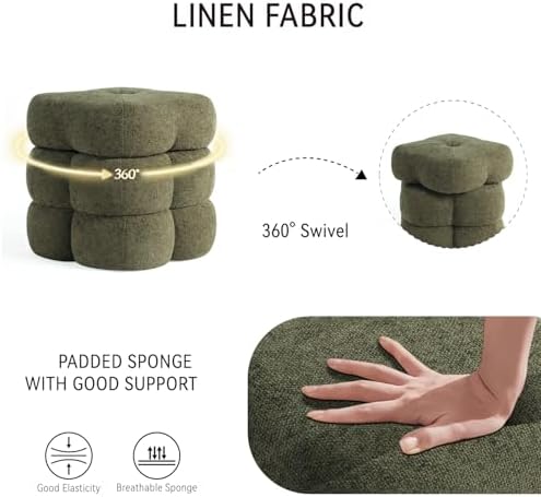 Get Set Style 360° Swivel Flower Ottoman, Linen Vanity Stool Footrest with 300LBS Capacity, No Assembly Small Space Accent Chair for Living Room Bedroom Entryway (Olive Green)
