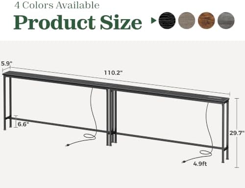 SUPERJARE 110.2 inch Narrow Behind Couch Table with Charging Stations