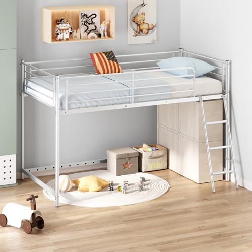 JOYMOR Low Loft Bed with Inclined Ladder, Metal Twin Size Bed Frame with 15” High Guardrail for Boys Girls, Junior, Space Saving, Mattress Not Included (White)