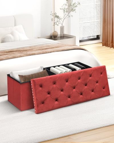 B FSOBEIIALEO Storage Ottoman Bench, 43" Velvet Ottoman With Storage, Red