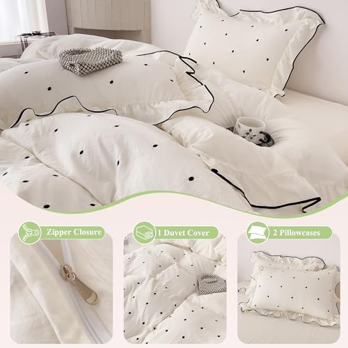 AOJIM Cottagecore Beige Polka Dot Duvet Cover King, 3-Piece Chic Vintage Ruffled Bedding Set - Super Soft Breathable Washed Microfiber Comforter Cover with Zipper Closure & 2 Pillowcases, Easy Care
