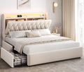 Queen LED Velvet Bed Frame with 2 Storage Drawers&Hidden Headboard, Upholstered Platform Bed with Charging Station&Button Tufted Design, Wooden Slats Support, Box Spring Optional, Easy Assembly, Beige