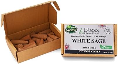 Bless-International White Sage 100%-Natural-Incense-Cones Handmade-Hand-Dipped Organic-Chemicals-Free for-Purification-Relaxation-Positivity-Yoga-Meditation The-Best-scents (20 Count)