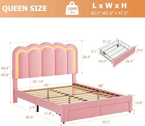 Queen Upholstered LED Bed Frame with 2 Storage Drawers and Adjustable Chic Double Wavy Headboard, Velvet Princess Platform Bed with Charing Station, Solid Wood Slats Support,No Box Spring Needed, Pink