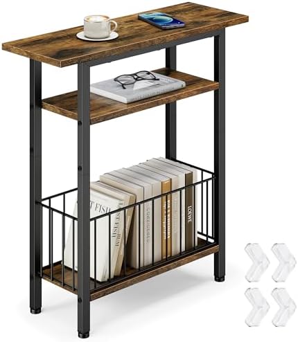 Vagusicc Narrow Side Table, 3-Tier Skinny End Table for Couch Sofa, Small Side Tables for Small Spaces, Bed Side Table with Storage, 25.2" Tall Slim Nightstand for Living Room, Bedroom, Rustic Brown