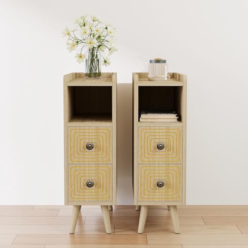 7.8" Narrow Nightstand Set of 2 with 2 Drawers & Open Storage,Oak