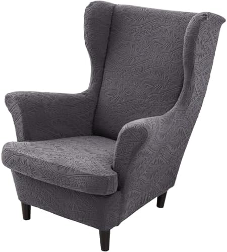 HAOYONG 2 Piece Wingback Chair Covers Stretch Wing Chair Slipcover Jacquard Wing Back Chair Covers with Arms Washable Armchair Cover Protection Furniture for Living Room and Bedroom (Dark Gray)