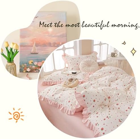 Kawaii Strawberry Comforter Set Twin XL Cute Ruffle Comforter with 2 Pillowcases White Fluffy Microfiber Kids Girls Bedding Comforter Strawberry Printed Ruffled Comforter Set Twin XL for All Seasons
