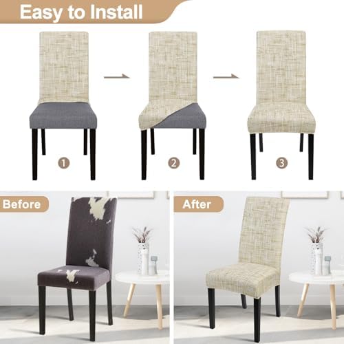 SearchI Dining Room Chair Covers Set of 8, Stretch Printed Parsons Chair Slipcovers Removable Washable Kitchen Chair Protector Cover for Dining Room, Hotel, Ceremony (Flaxen Print)