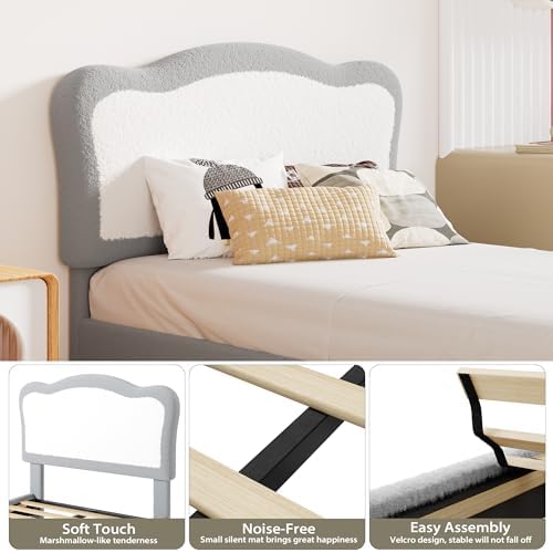 Garvee Upholstered Twin Bed Frame for Kids with Scallop Headboard, Cute Velvet Twin Bed for Girls, Boys, Sturdy Platform Bed, No Box Spring Needed, Wooden Slats, Noise Free, Grey White