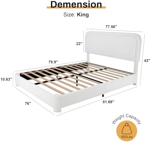 WEUP King Size Boucle Bed Frame, Soft Cloud Bed Frame, Upholstered Bed Frame with Headboard, Modern Cream Bed Frame, Soft Rounded Corners, No Box Spring Required, Adjustable Headboard, Easy Assembly
